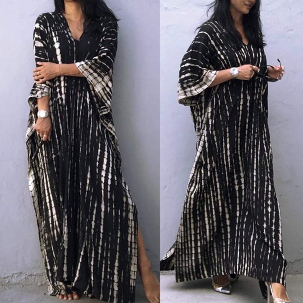 - New BLACK & WHITE Boho Tie Dye Kimono Maxi MuMu Dress Beach Cover-Up FOR…BEACH